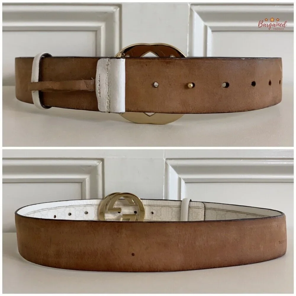 Authentic GUCCI White GG Plus Coated Canvas Leather Interlocking G Belt 80/32 - Picture 6 of 13